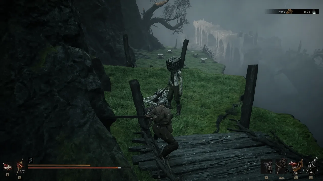 Player character facing a masked enemy beside a cliffside weapon rack in the Ruins of Nochte