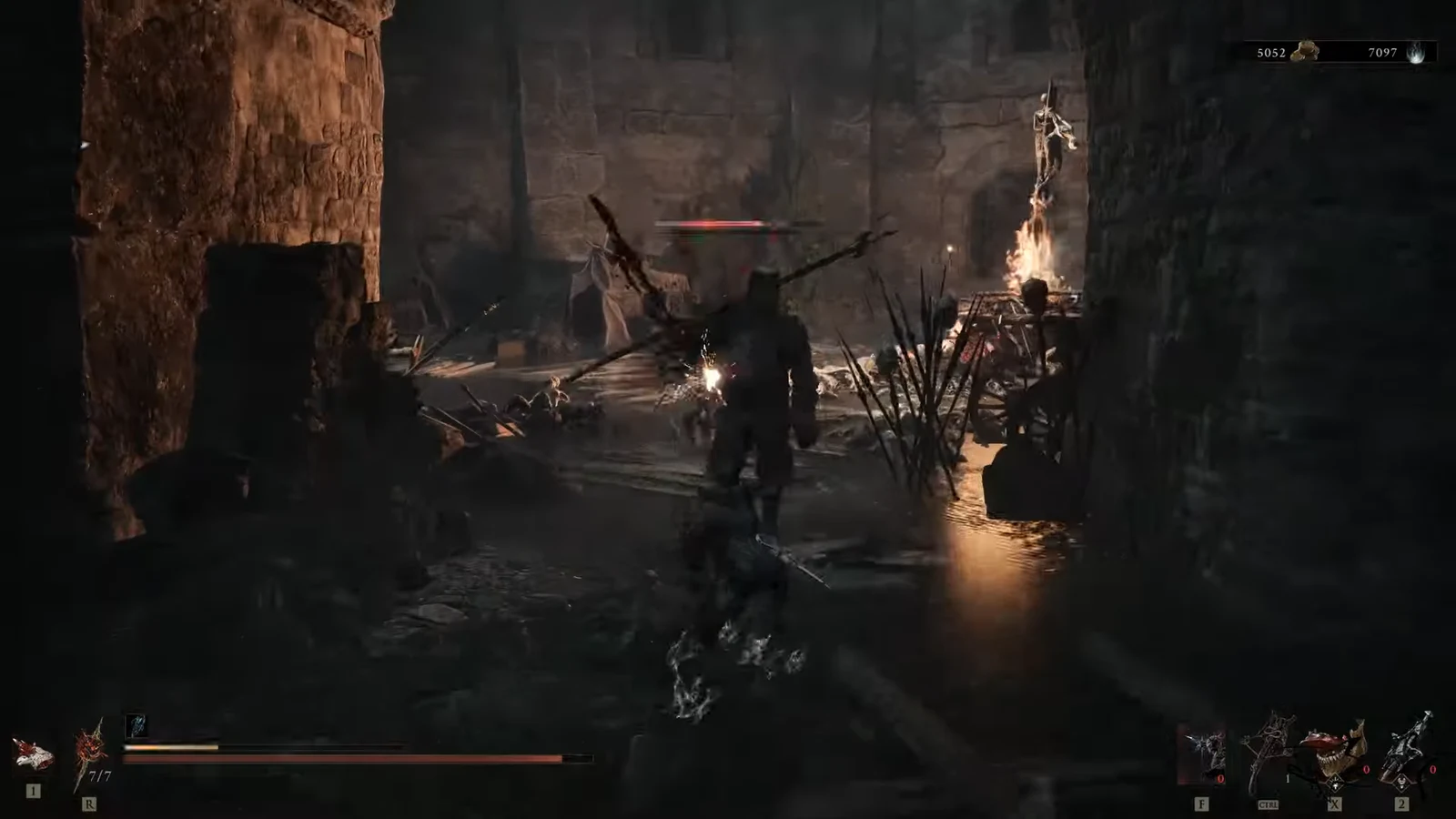 Player attacking a horned enemy in a dark stone dungeon with combat HUD meters showing