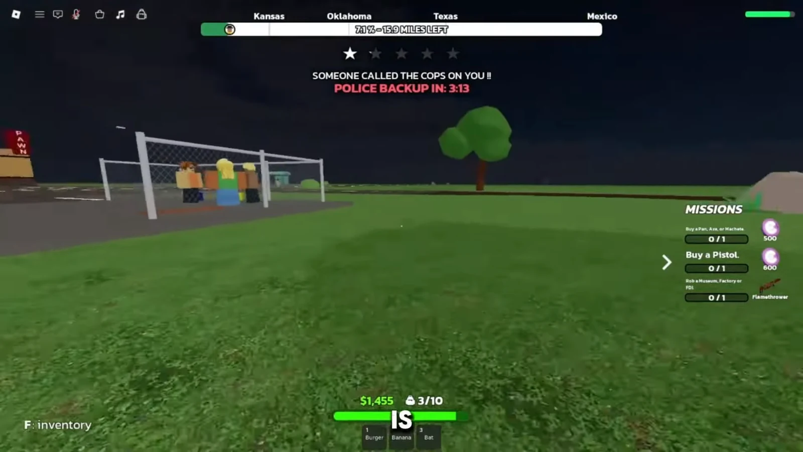 HUD reading POLICE BACKUP IN 3:13 as the player runs across an open field