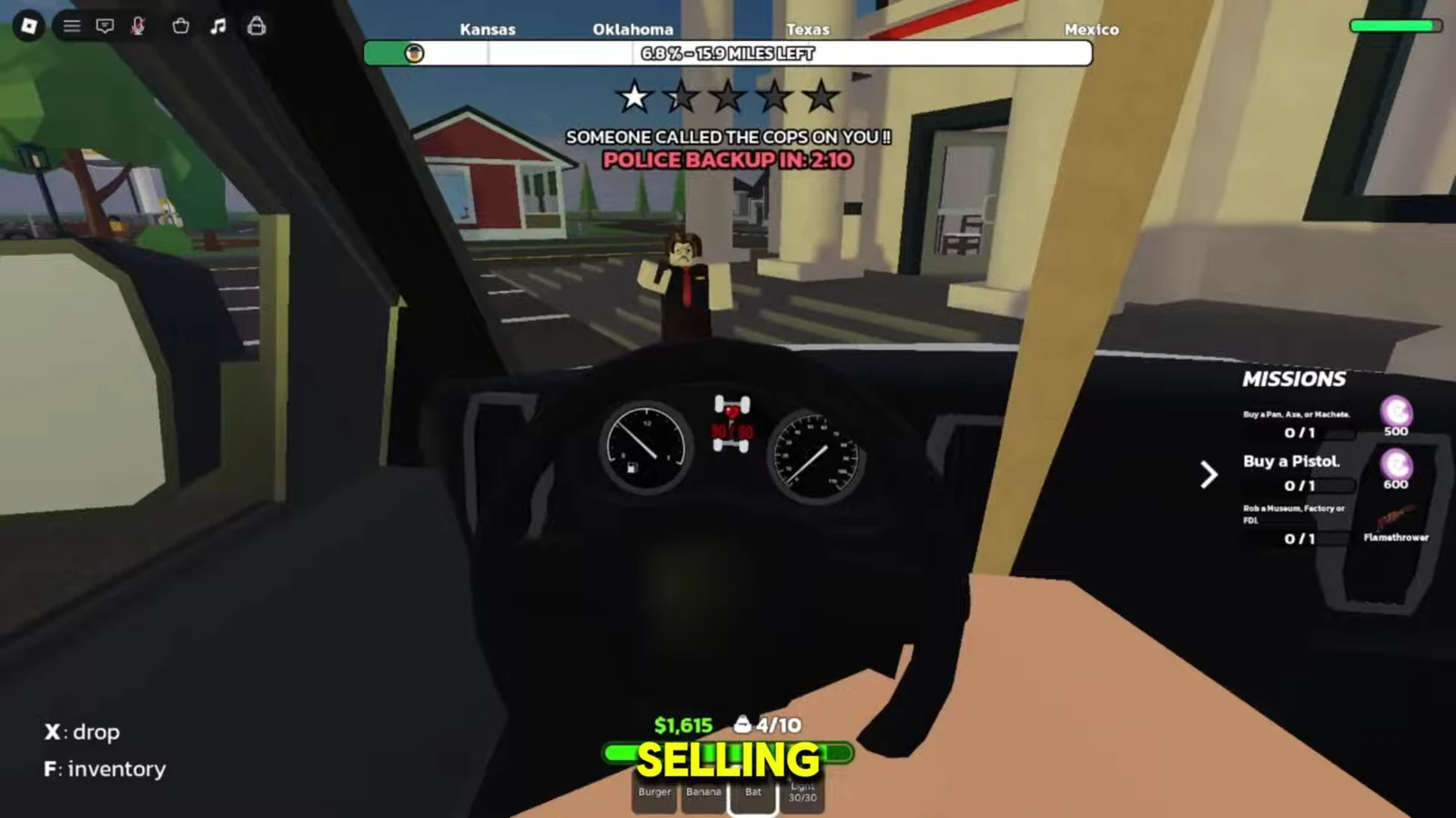 First-person car view with SELLING on the HUD and an item selected on the hotbar