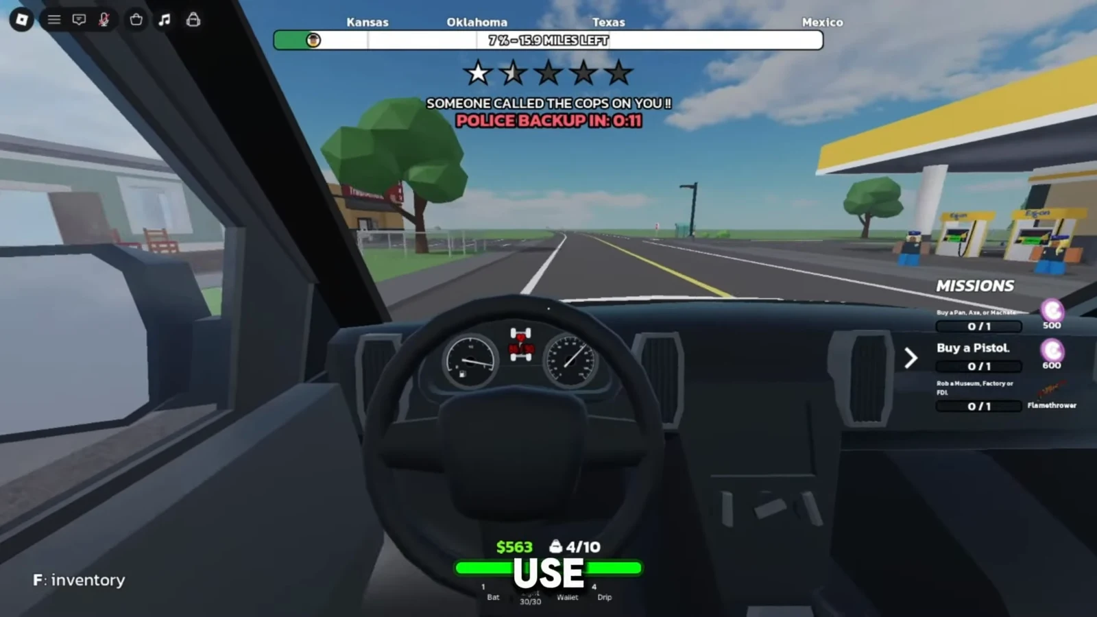 First-person night drive toward Oklahoma with a police backup countdown on screen