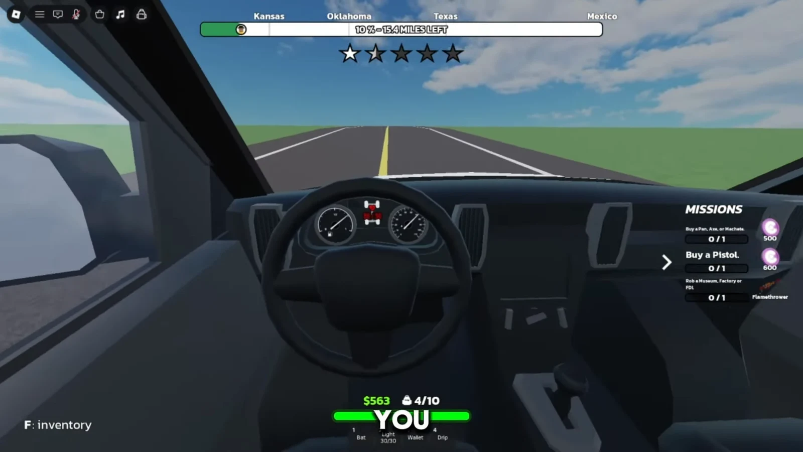 Night drive with Missions listing Buy a Pistol and robbery goals on the Kansas route