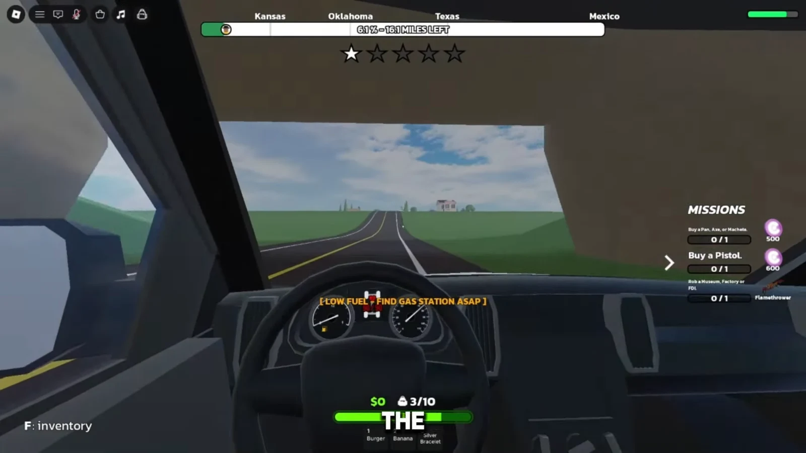 Driving HUD with a low-fuel warning and Missions panel listing robbery objectives