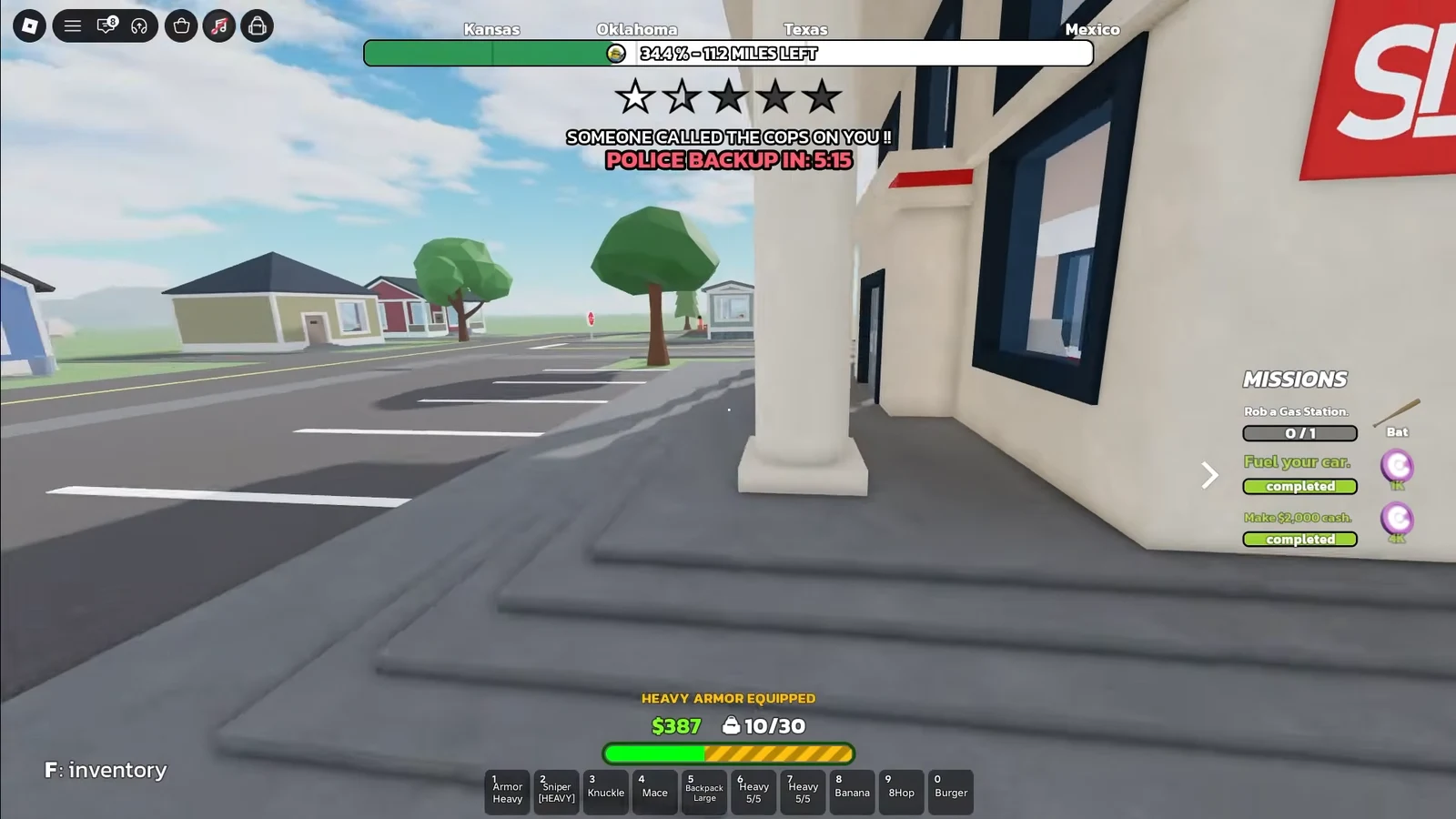 Heads-up display showing a Rob a Gas Station mission panel with heavy armor equipped and a police backup countdown