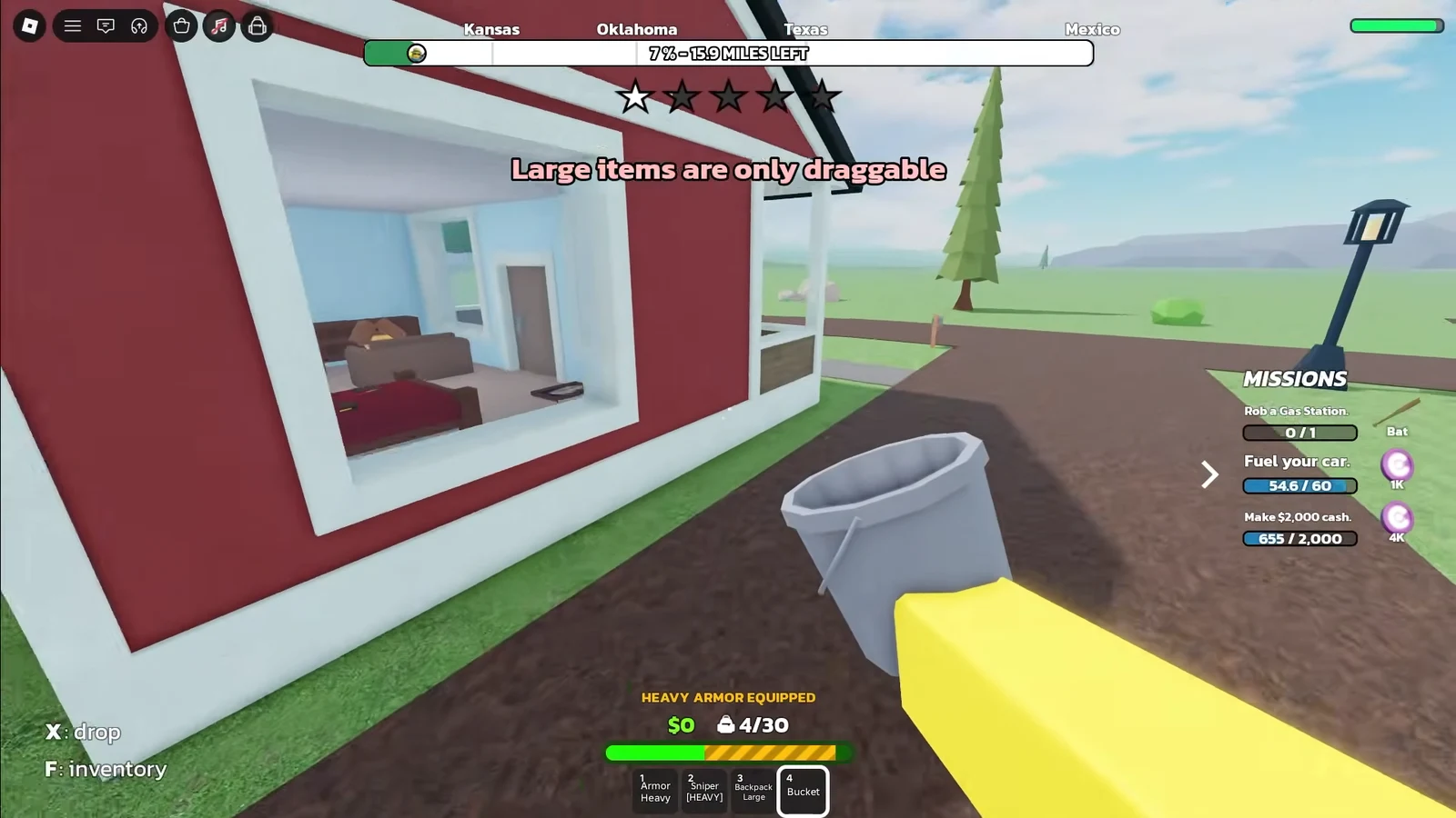 Player holding a Bucket with an on-screen note that large items are only draggable while looting a house