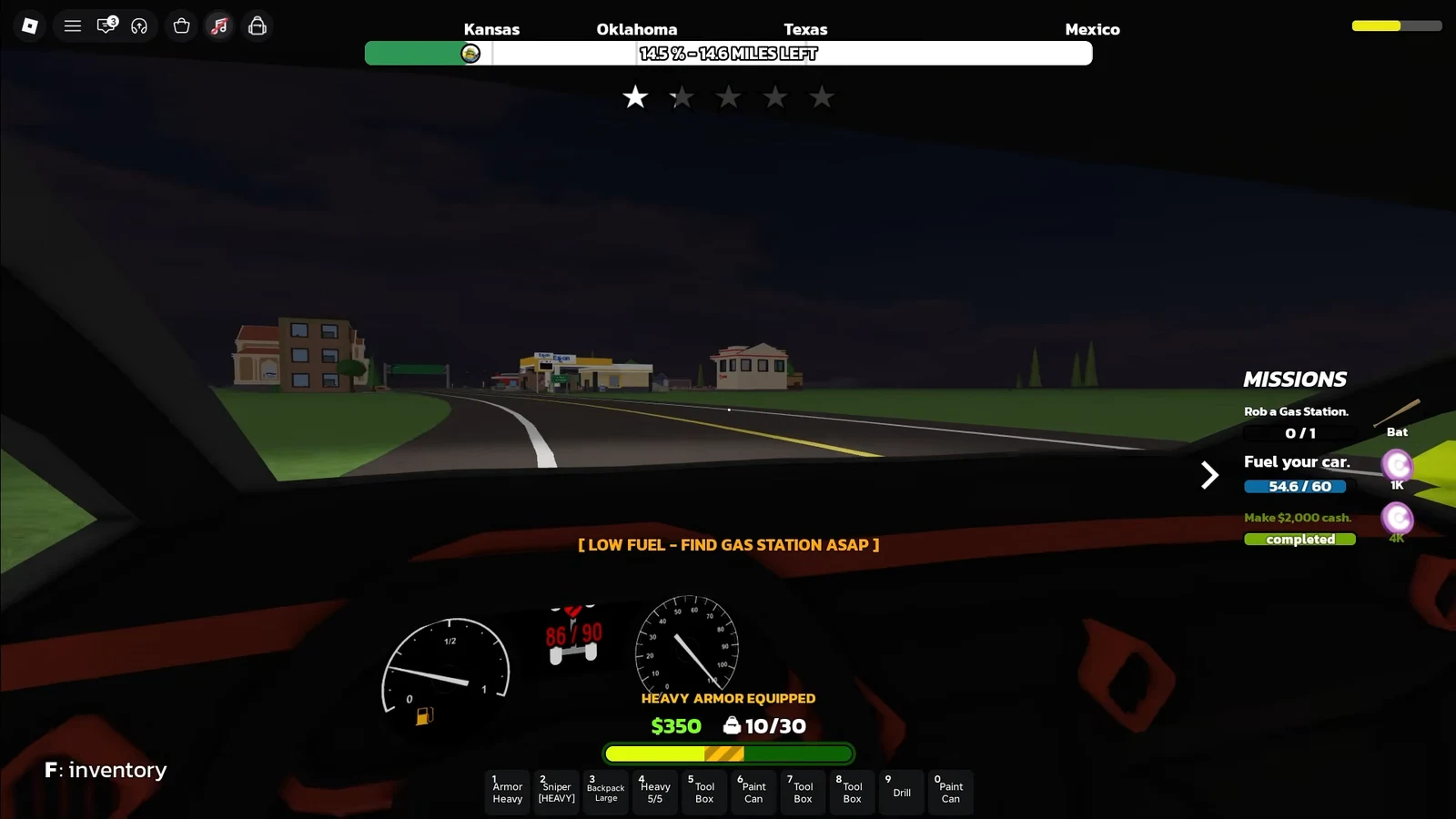 Driving view with the Missions panel showing a Fuel your car objective at 54.6 out of 60