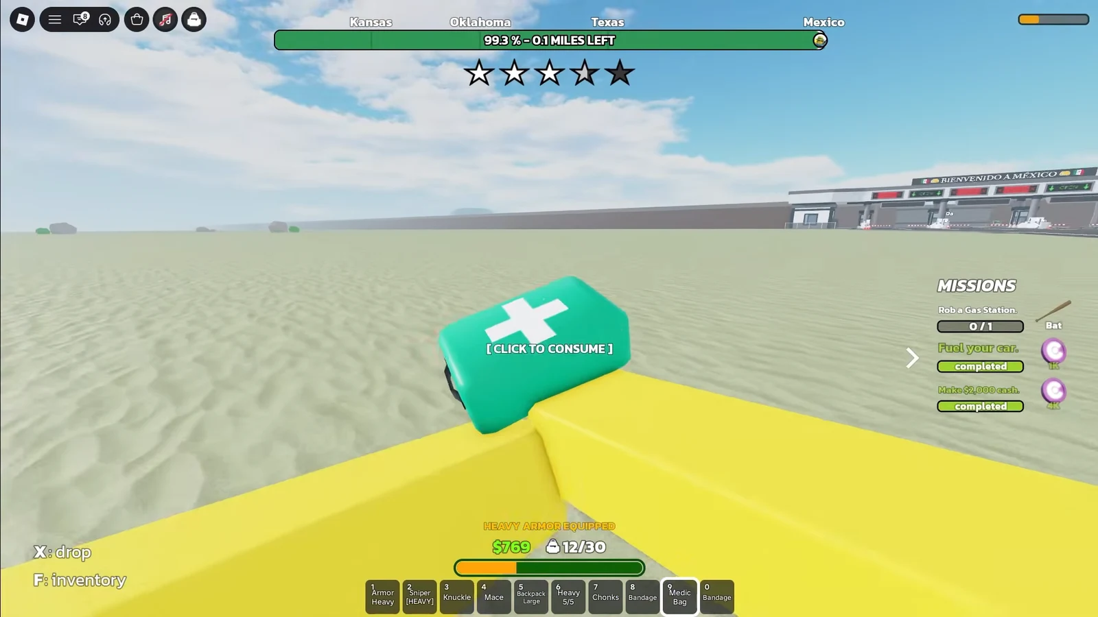 First-person dashboard view while fleeing police with a police backup timer reading 4:23 and completed missions listed