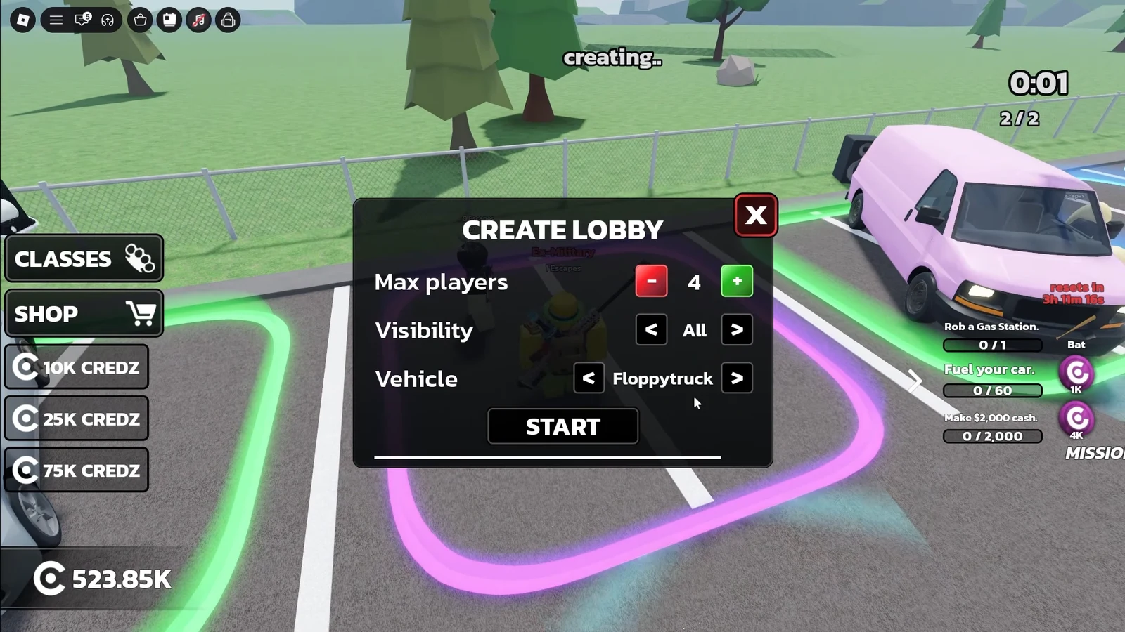 Create Lobby menu with max players, visibility, and vehicle options before starting a run