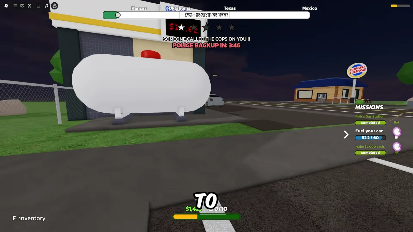 Fuel your car mission at 52.2 of 60 beside Burger Cringe with a backup timer