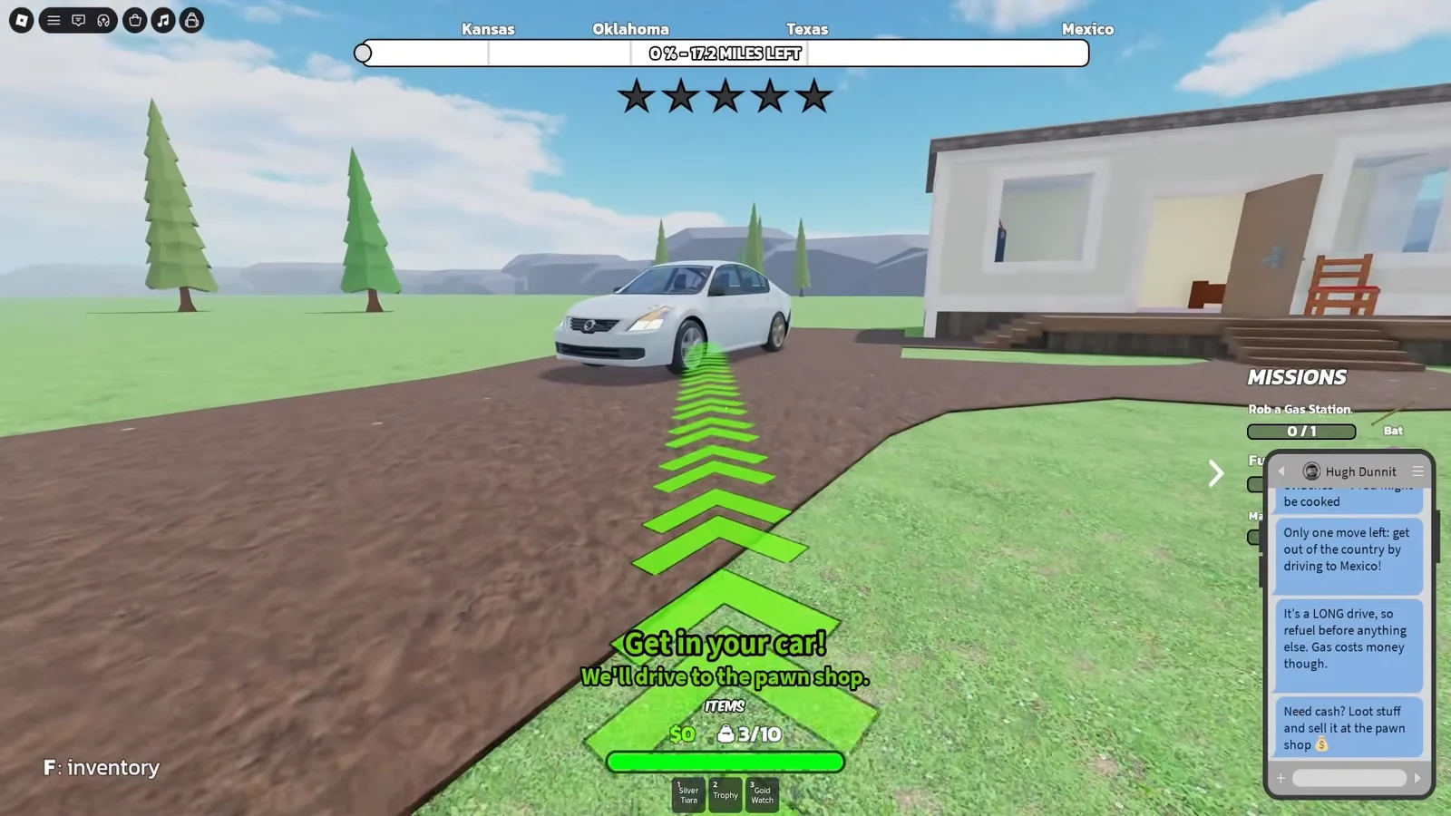 Green arrows and a Get in your car prompt pointing at a white starter car