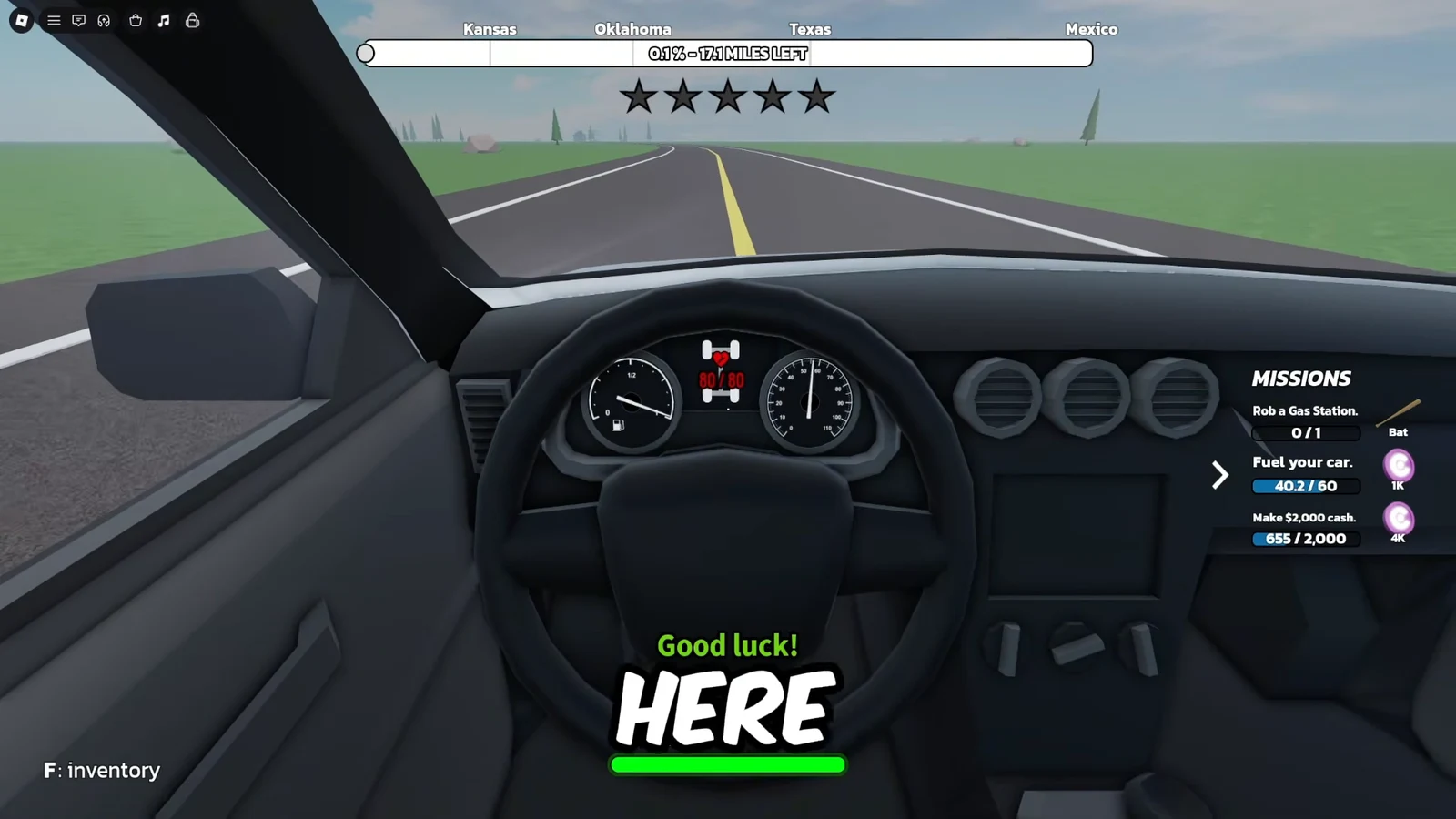 Driving view with a Rob a Gas Station mission and a 40.2 out of 60 fuel reading