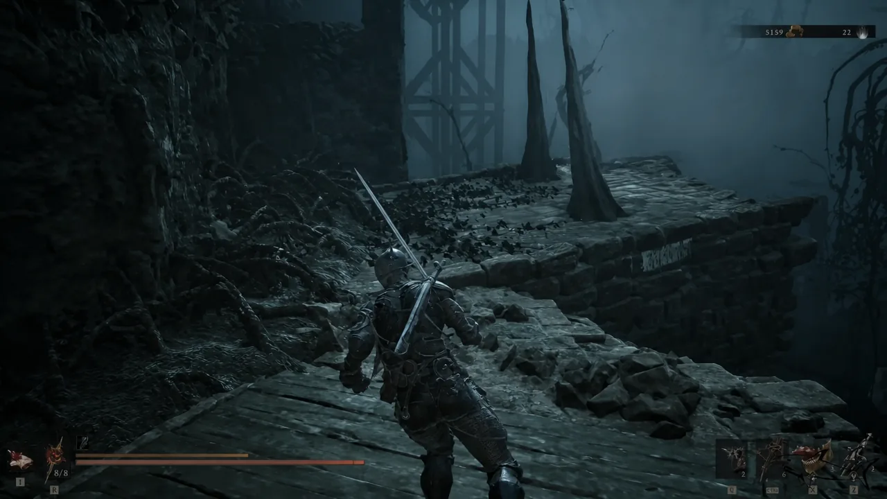 The Harbinger crossing a collapsed stone bridge on the approach to the boss arena