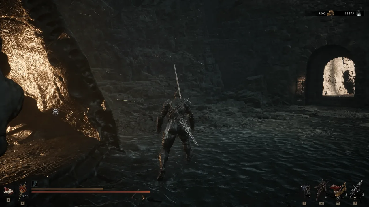 The Harbinger stepping up to a glowing beacon with an interaction prompt in a dark cavern