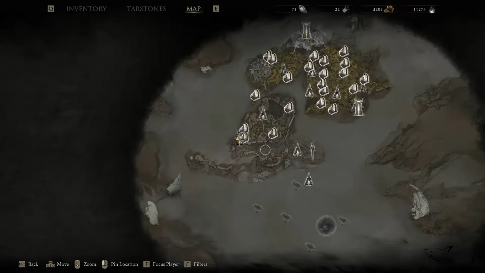 Mortal Shell 2 map screen with the cursor centered on the region containing the Nochtean Gate beacon