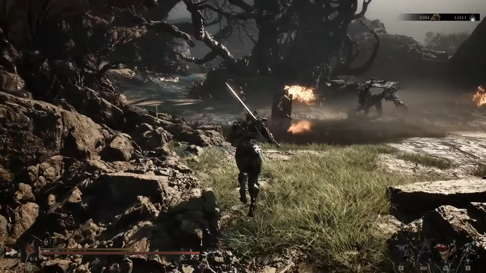 Third-person combat view of the Harbinger advancing on several enemies with a sword raised