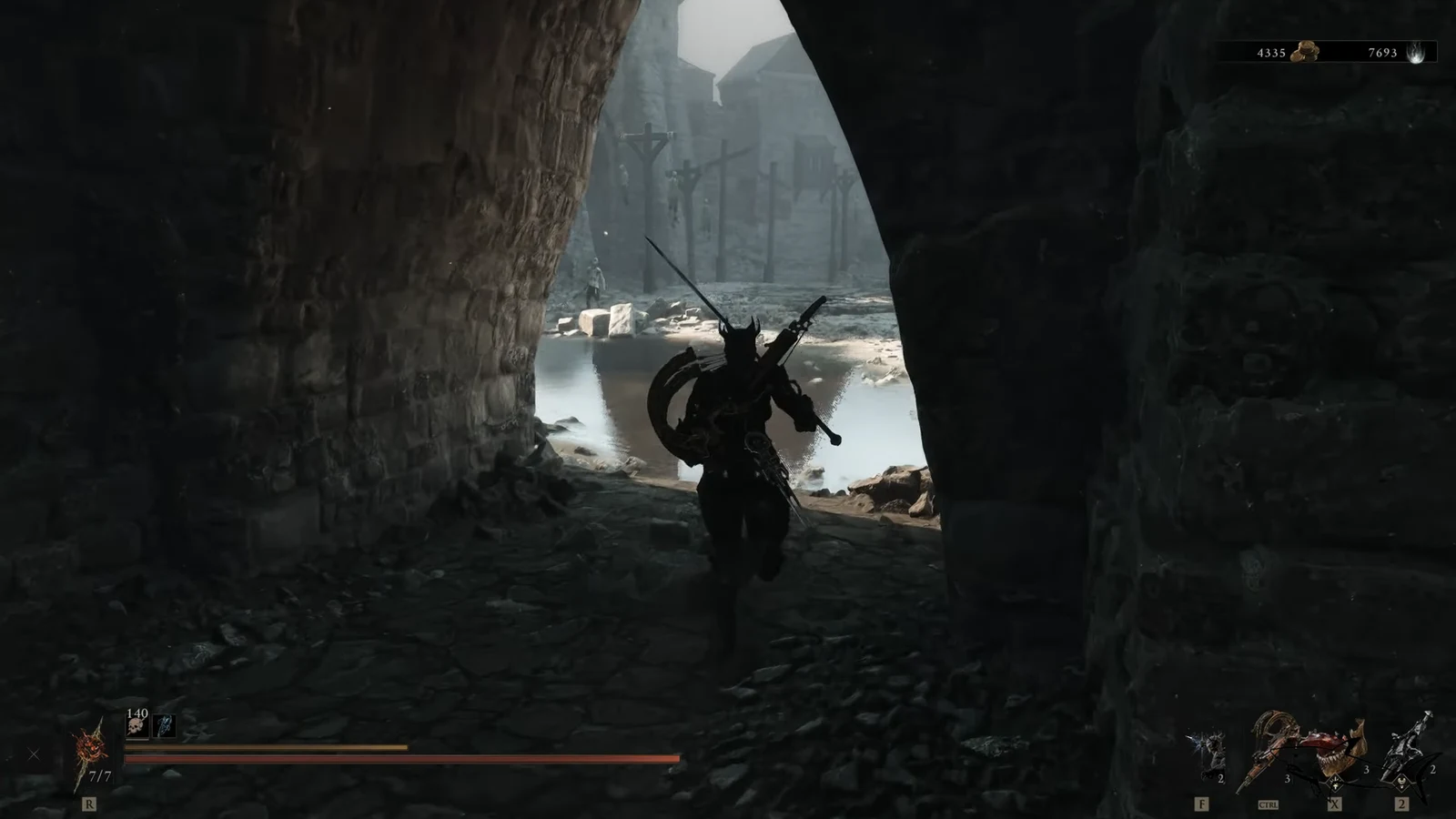 Armed character moving through a stone tunnel toward a flooded ruined outdoor area