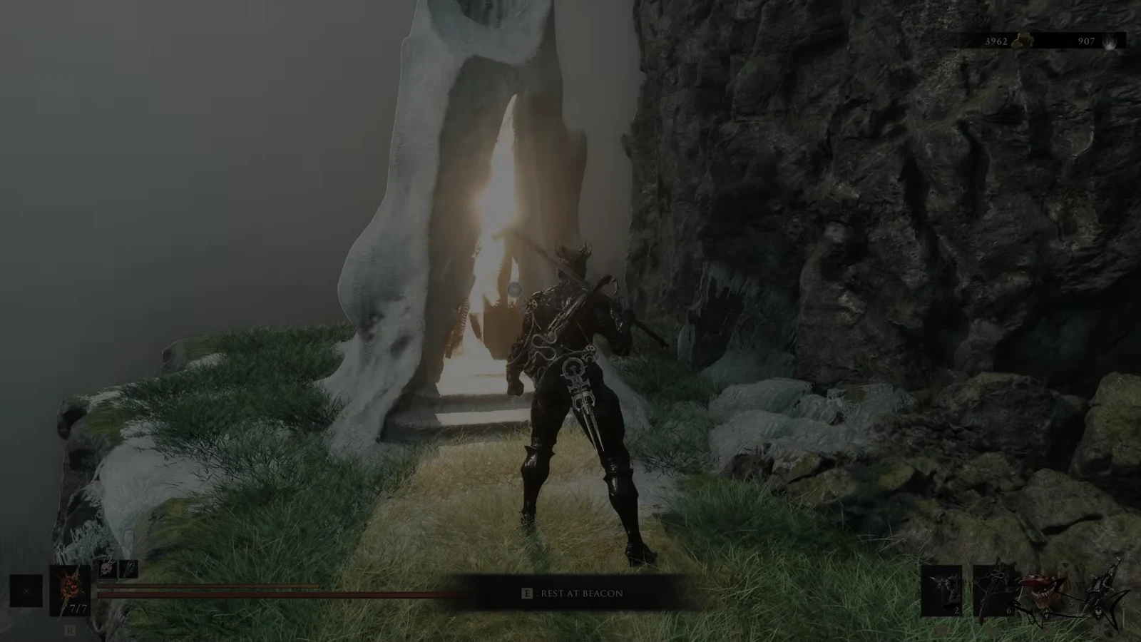 Player standing before a glowing beacon with the rest prompt on screen