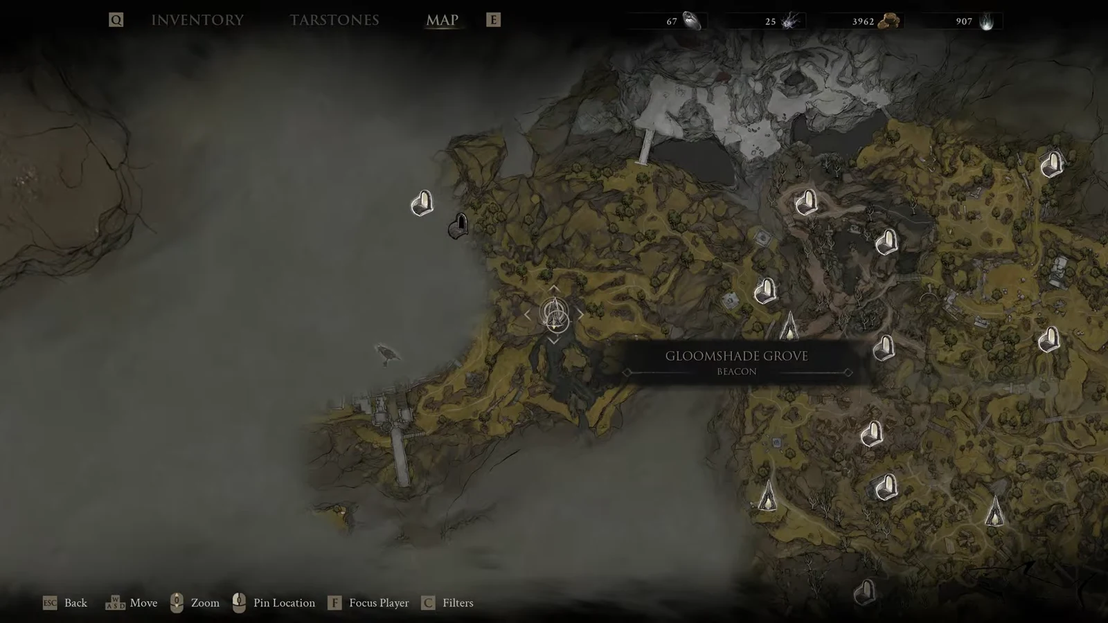 World map with the Gloomshade Grove Beacon highlighted among discovered markers