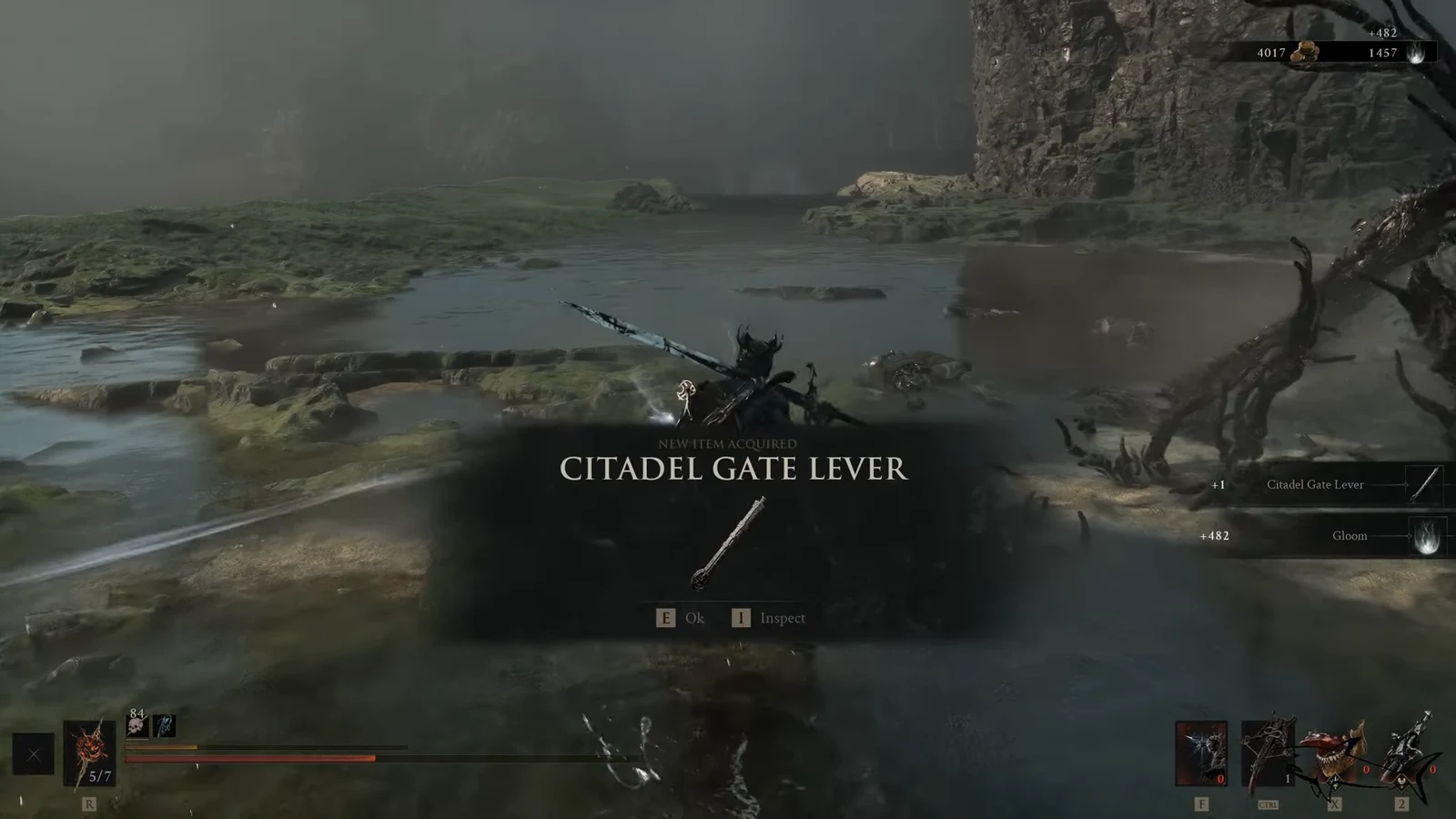 New Item Acquired notification showing the Citadel Gate Lever with confirm prompt