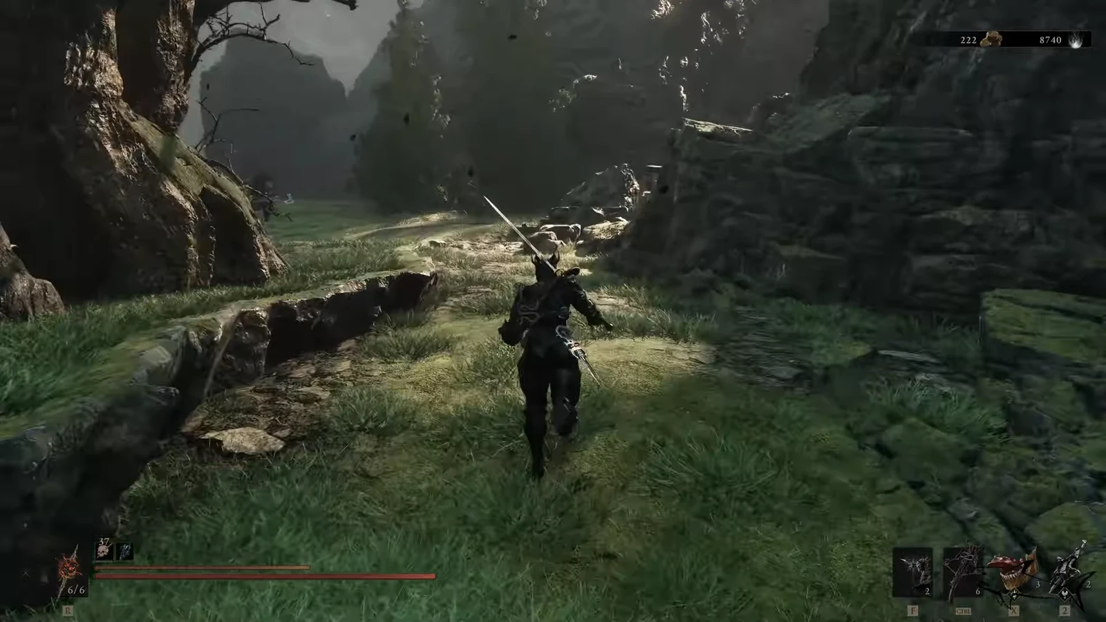 Armored character running along a grassy, rocky ravine with a sword drawn on the lower path