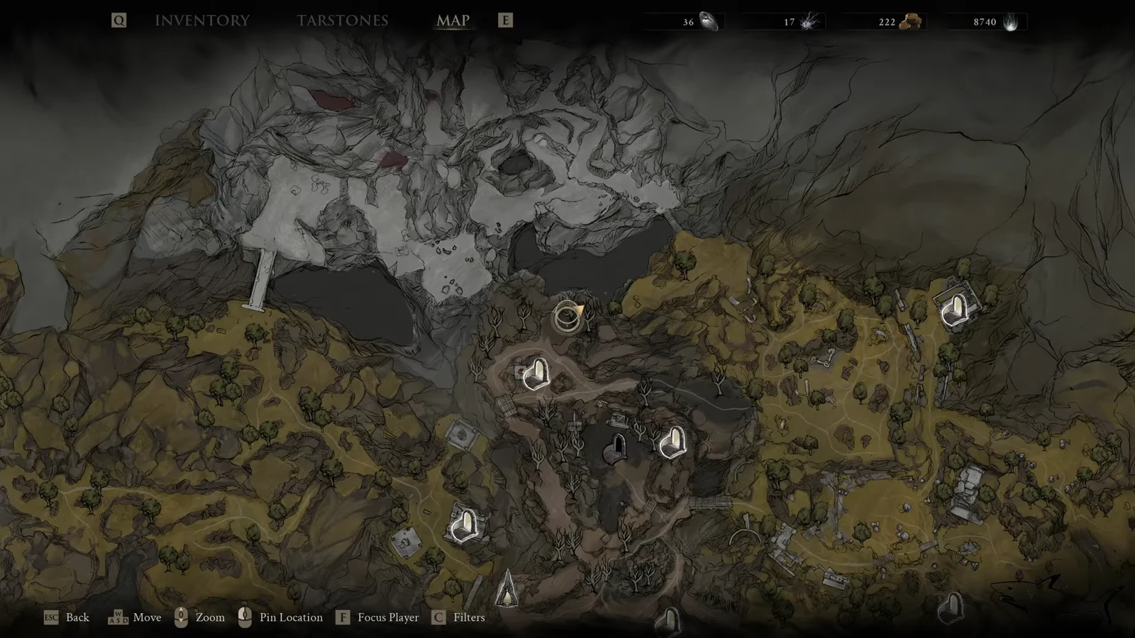Open map screen showing explored regions and markers near a cliff edge before the jump