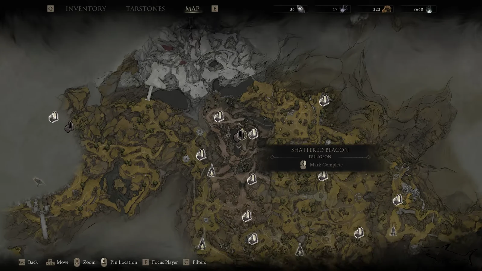 Map screen highlighting the Shattered Beacon dungeon marker with a mark-complete option