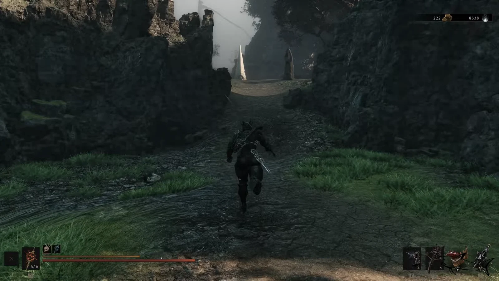 Harbinger sprinting along a rocky canyon path toward a narrow passage with the HUD visible