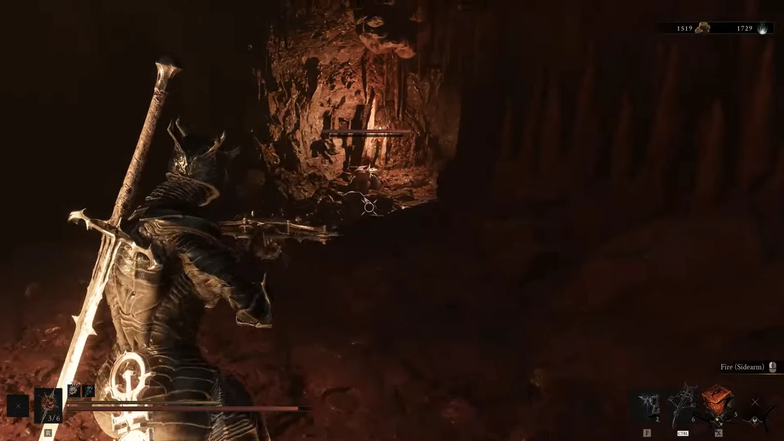Armored Harbinger aiming the Fire sidearm at an enemy in a dark cavern near the final beacon