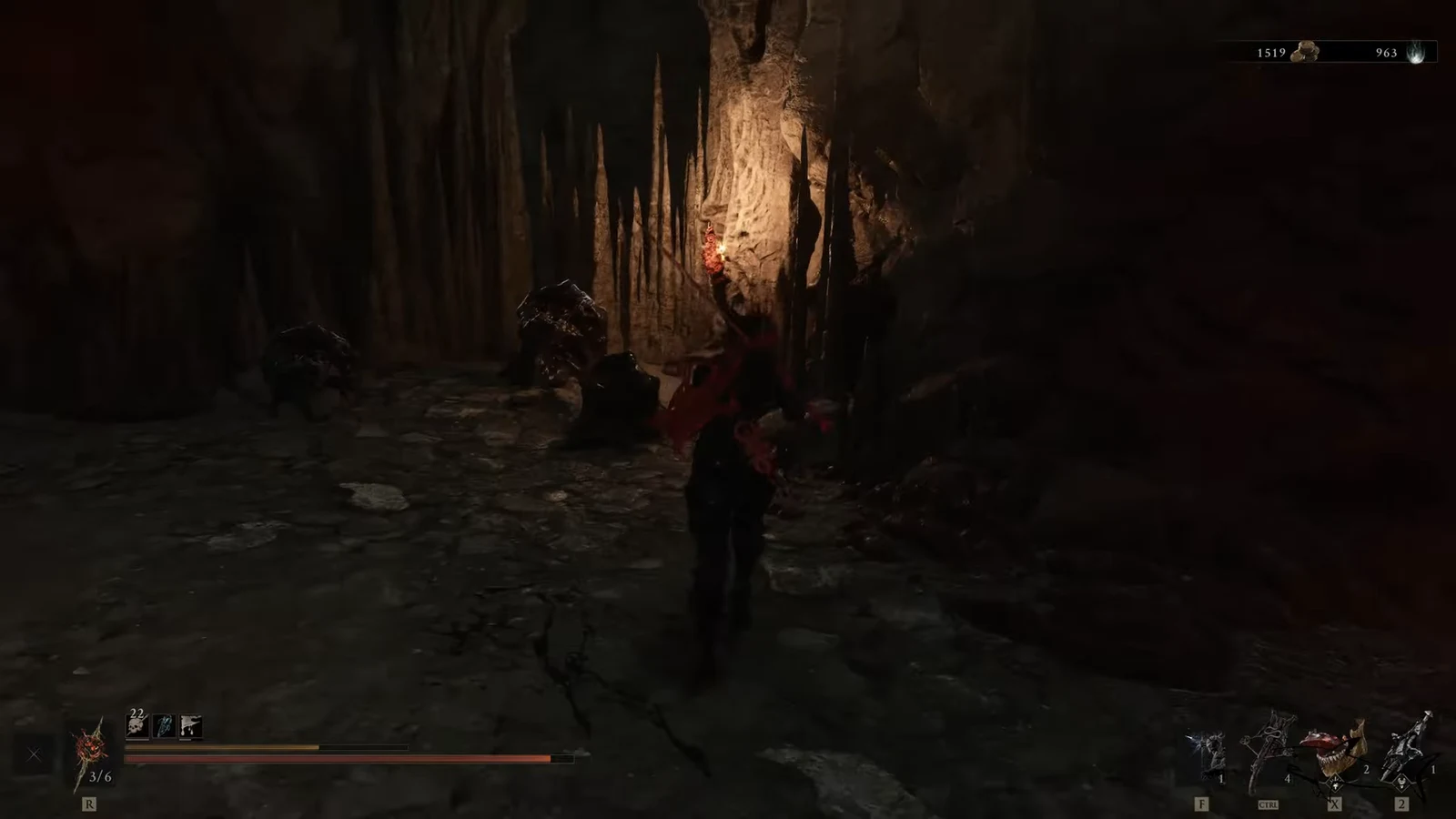 Harbinger attacking enemies in a dark cavern with health, stamina, and resource counters on the HUD