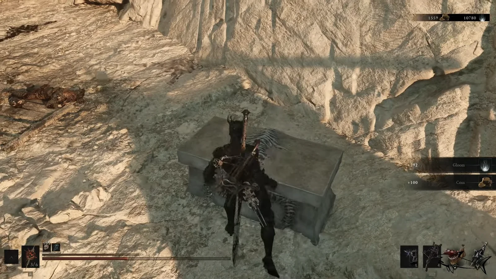 Harbinger standing over an opened stone chest collecting Gloom and Coin rewards
