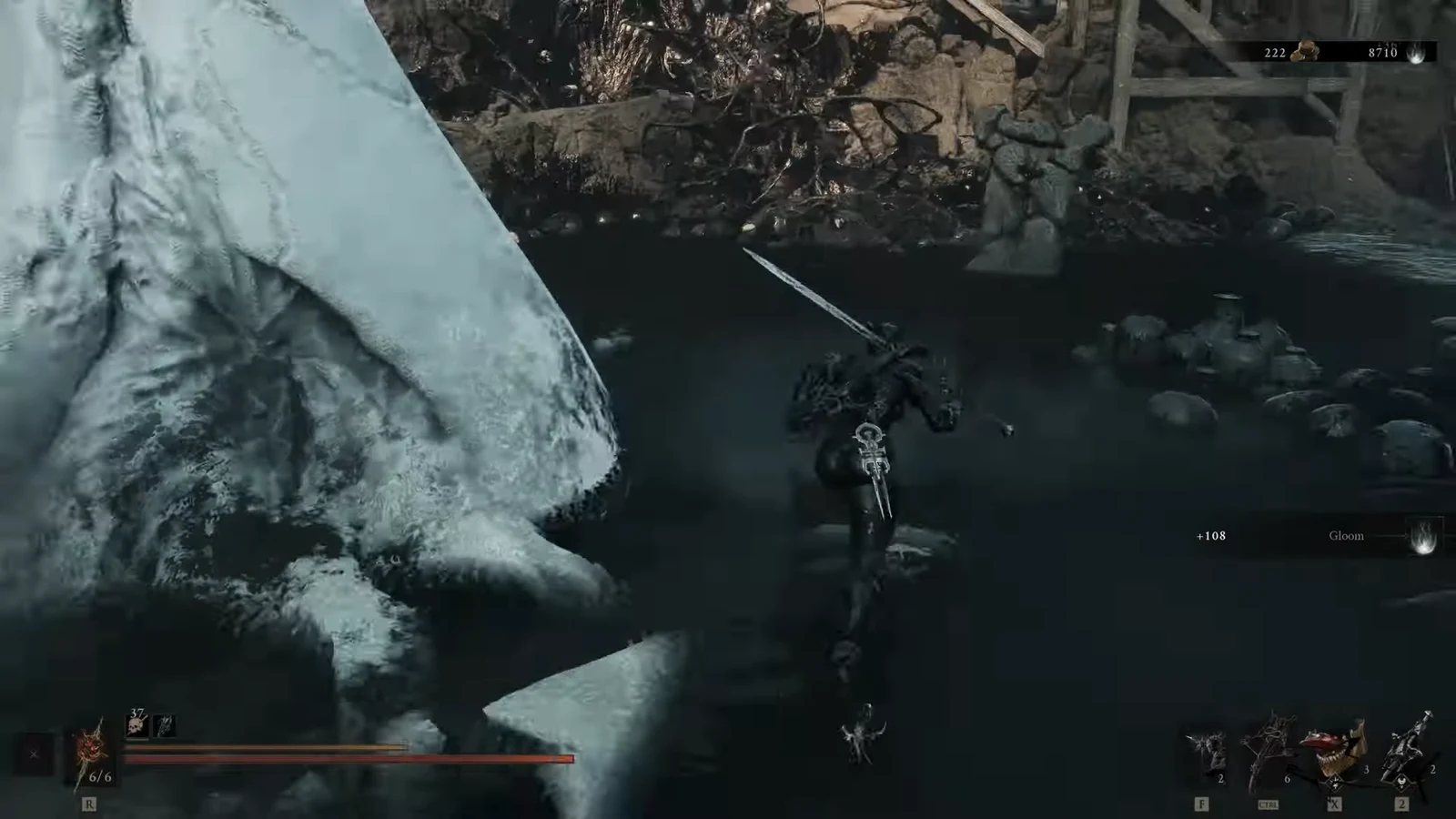 Armored Harbinger wading through dark water with a drawn sword and the Gloom meter active