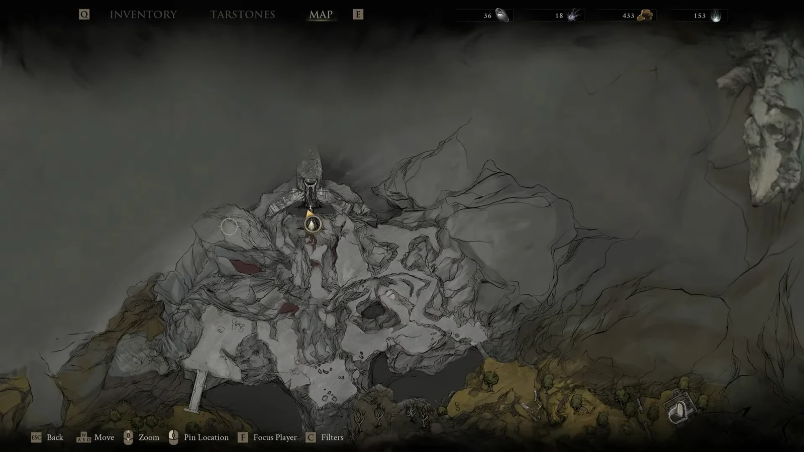 Open map screen with the player marker centered on the explored Sanguine Caverns area