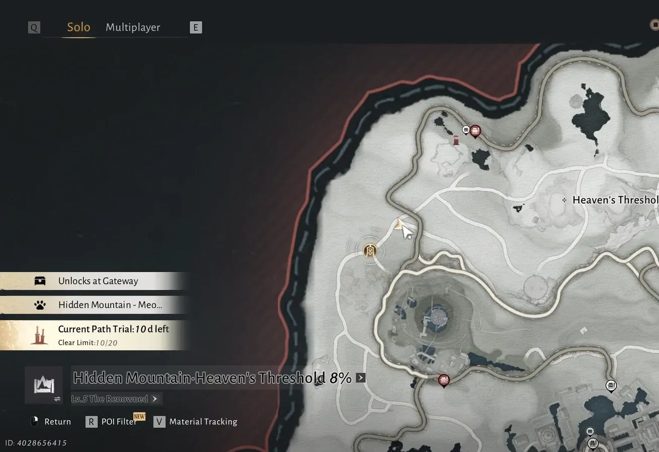 World map with Hidden Mountain: Heaven's Threshold selected showing 8% progress