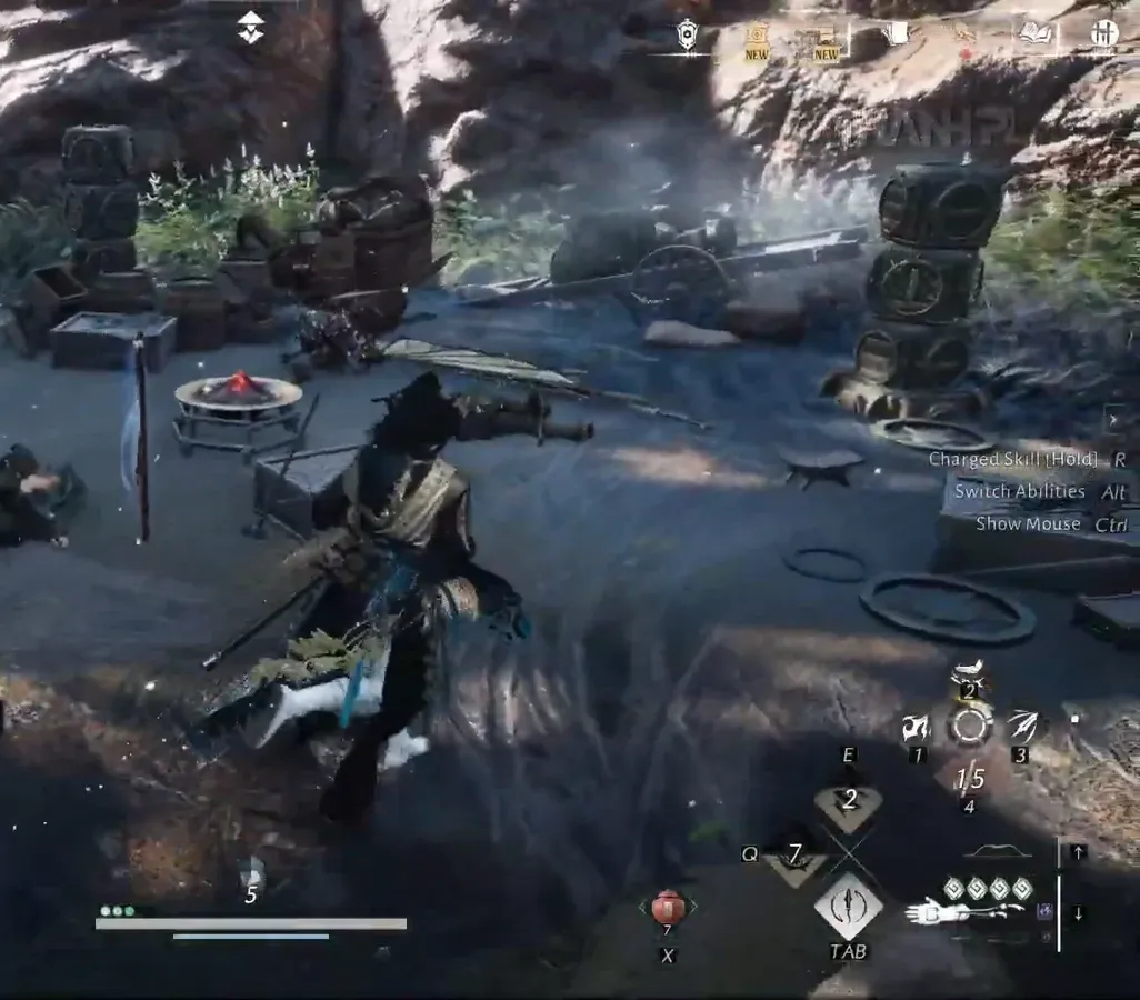 Character fighting enemies in a rocky arena with a Defeat All Enemies objective
