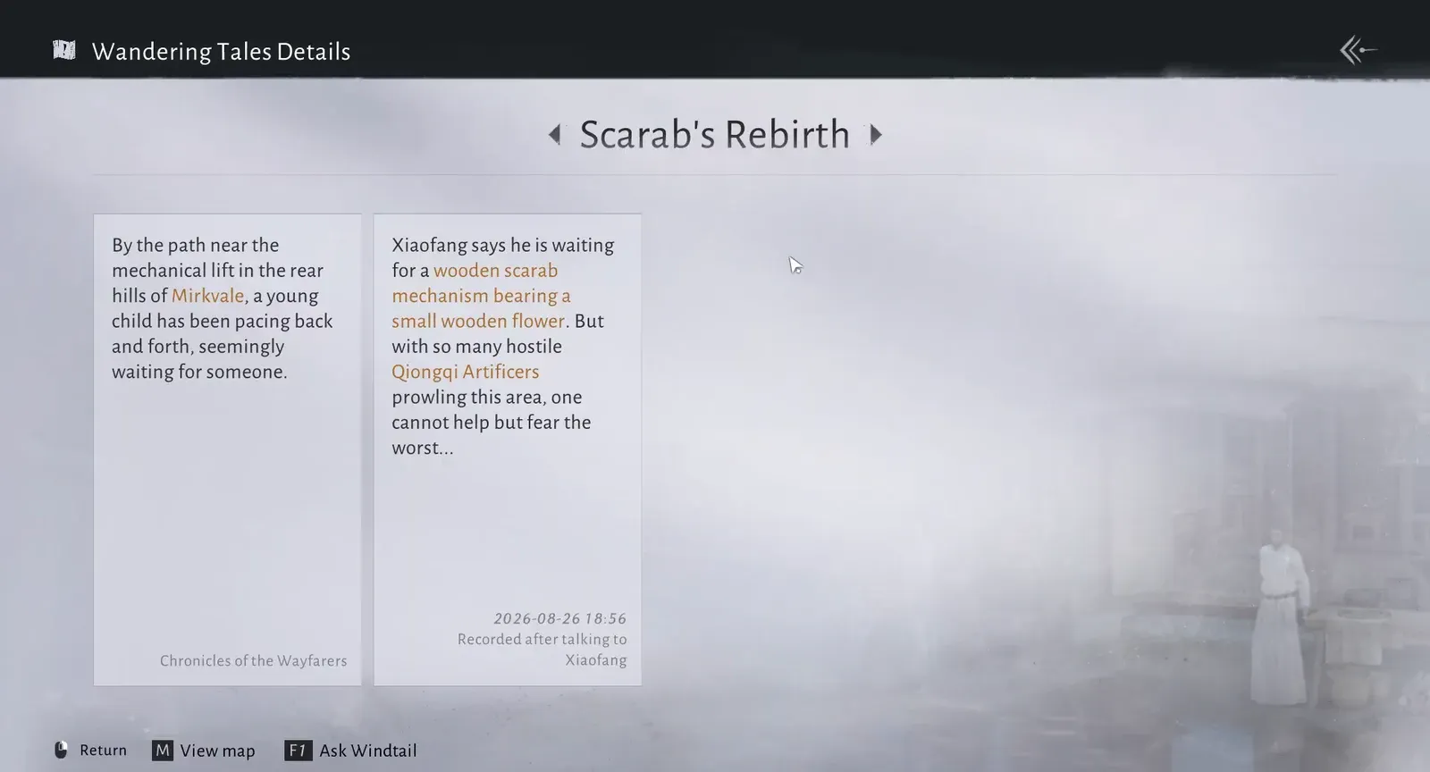 Wandering Tales Details panel showing the Scarab's Rebirth entry
