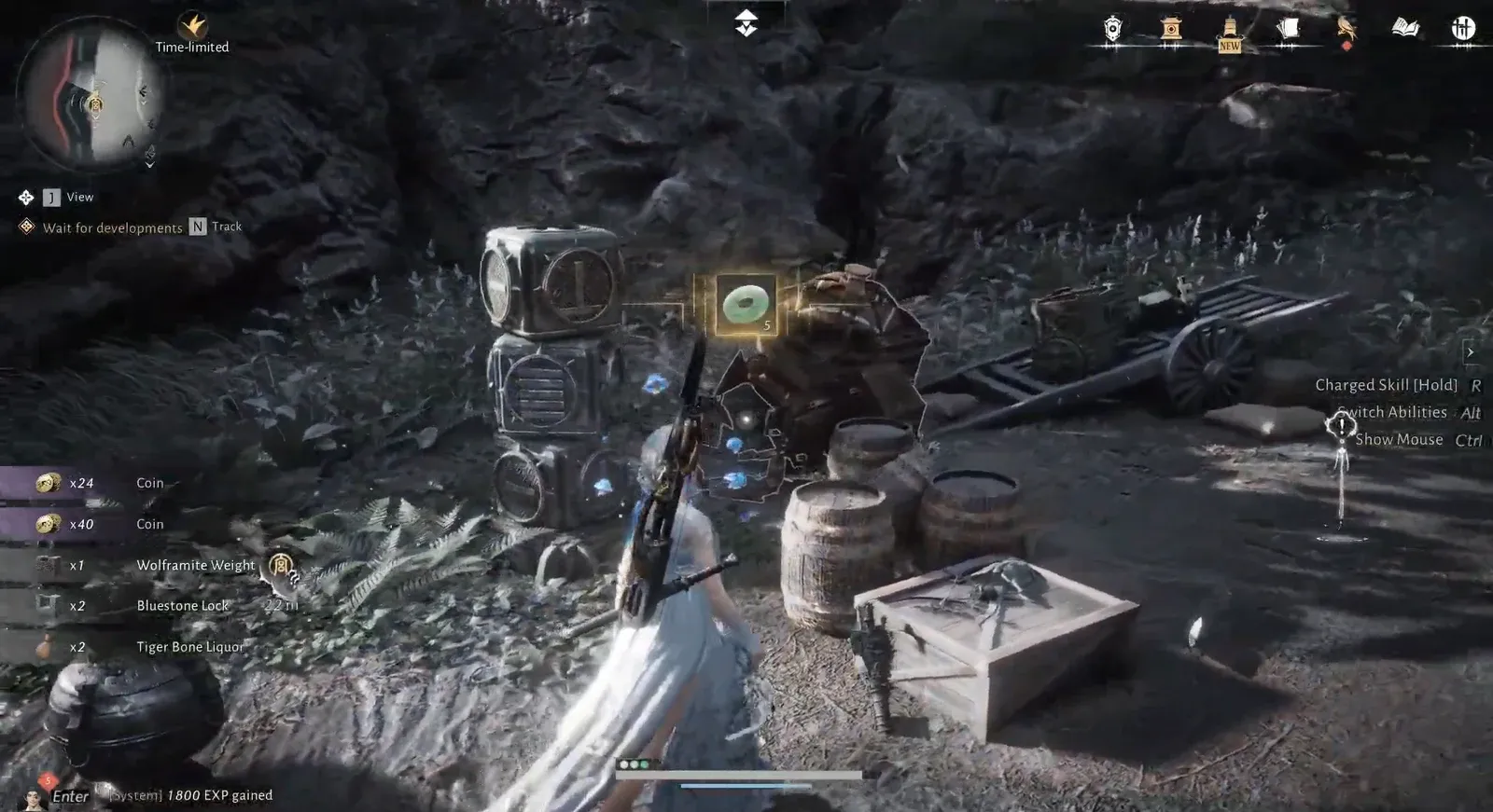 Character picking up loot such as Coin and Tiger Bone Liquor inside the camp