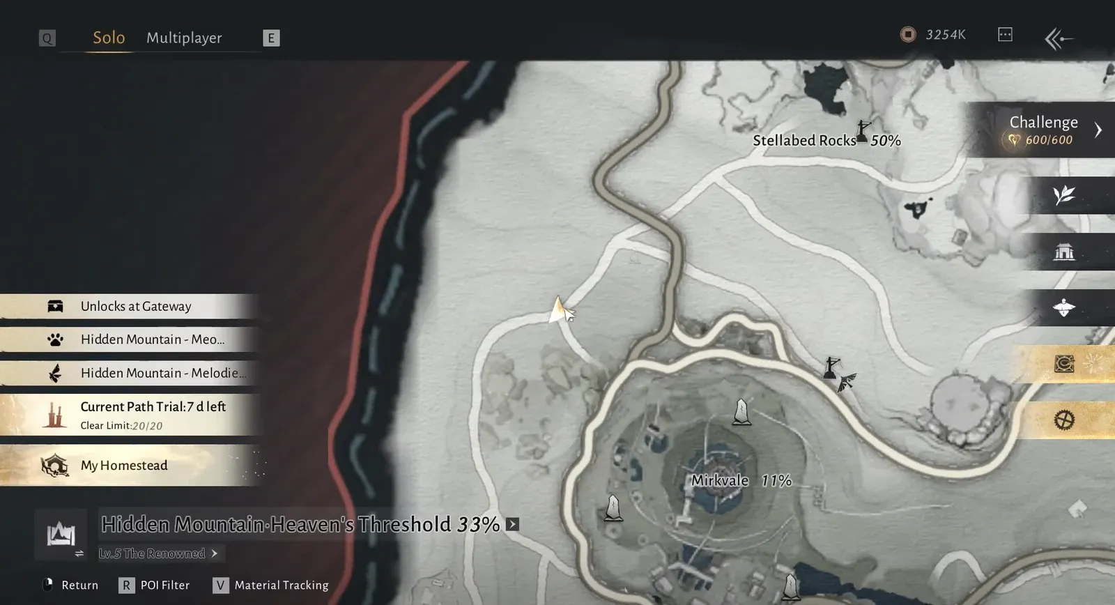 World map open on Hidden Mountain and Heaven's Threshold with a travel point highlighted