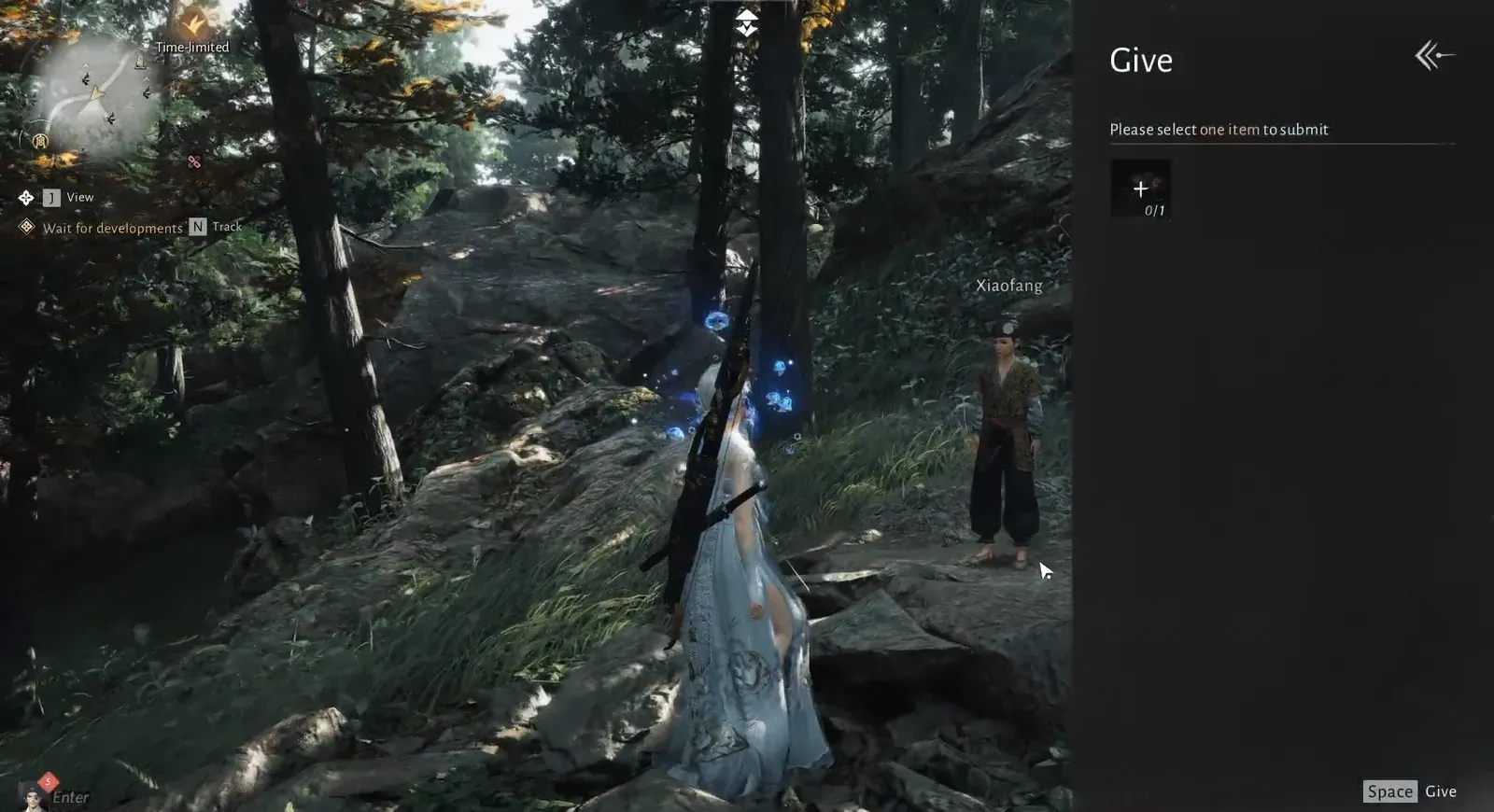 Give menu open next to Xiaofang prompting the player to submit an item