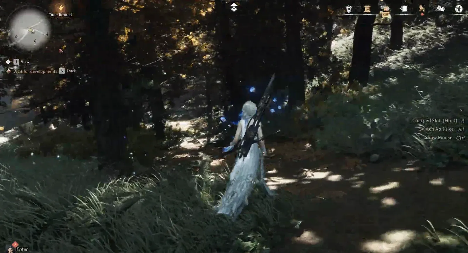 Character running through a forest with the Wait for developments objective active