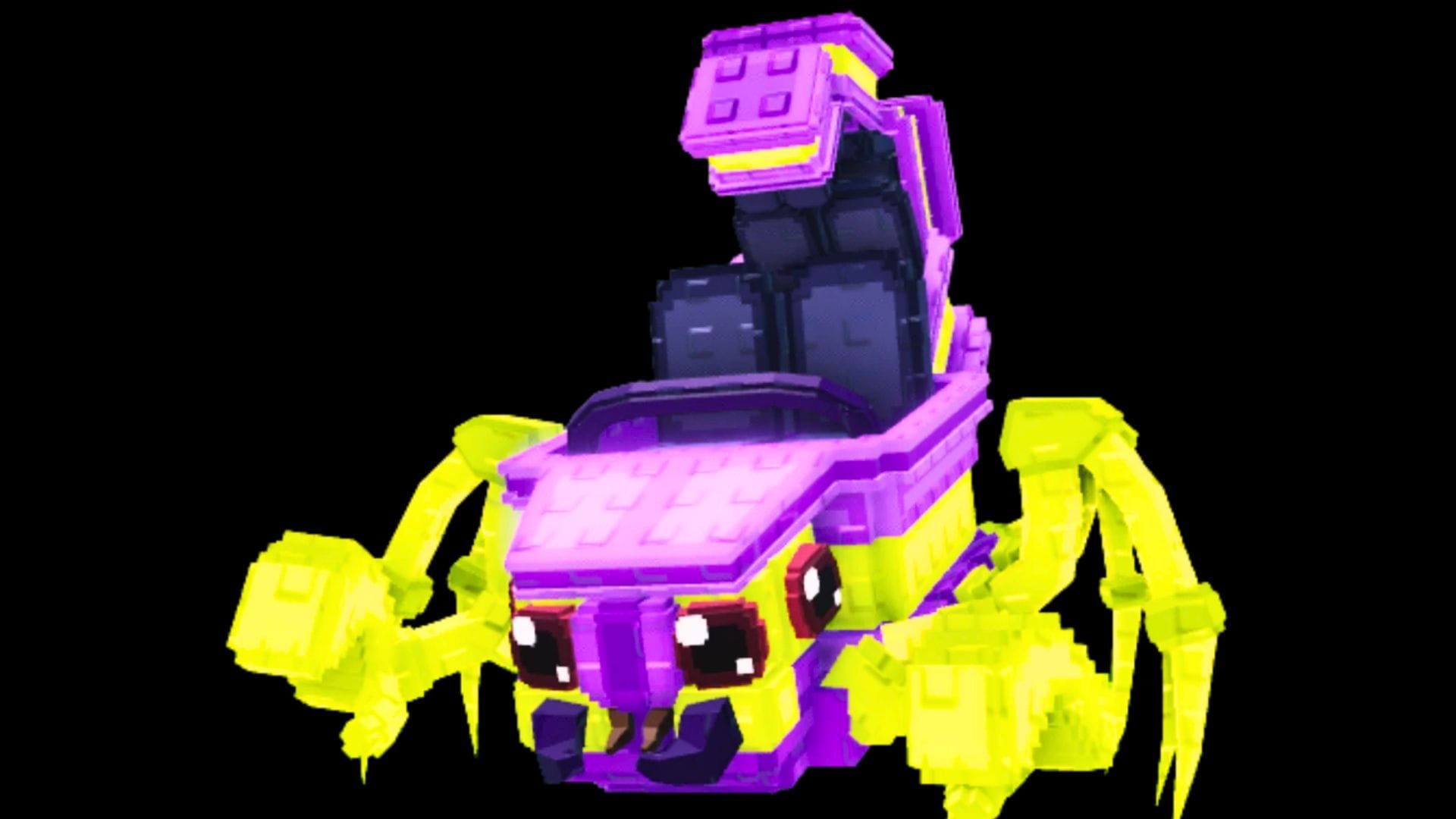 The Scorpino Coasterino unit, a purple and yellow coaster car with scorpion legs and red eyes