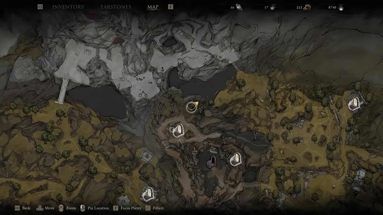 Open world map with location markers showing progress toward the Sanguine Caverns