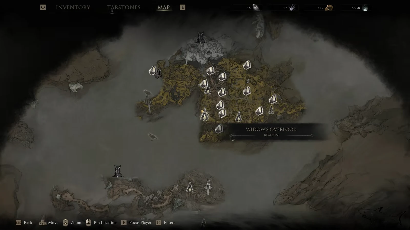 World map with the Widow's Overlook beacon highlighted among discovered locations