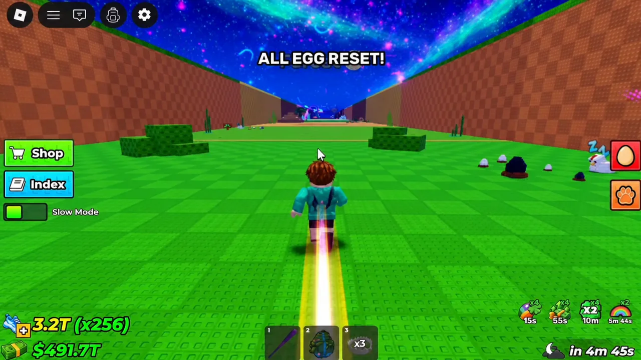 Player running through the map with a hotbar slot selected during an ALL EGG RESET notification