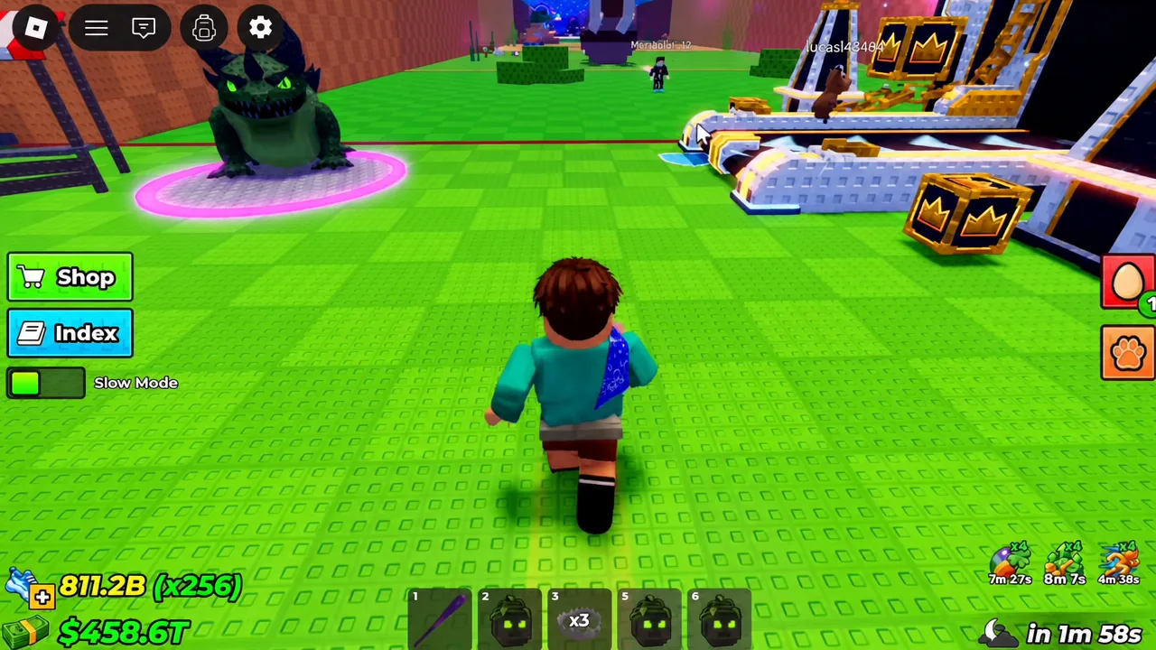 Player avatar running across the map with the Shop and Index buttons on the left of the screen