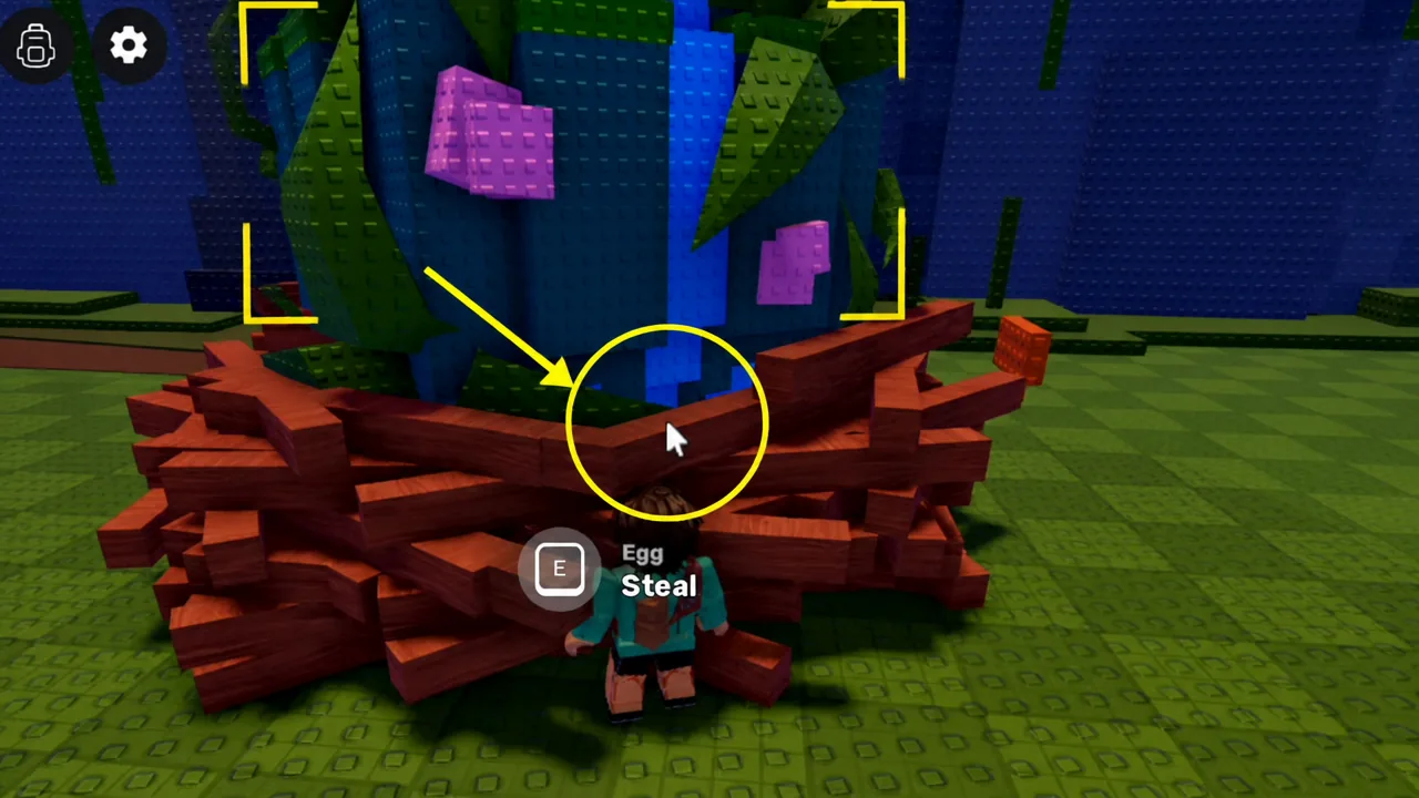 Glowing egg highlighted in the world with the hold-E Egg Steal prompt on screen