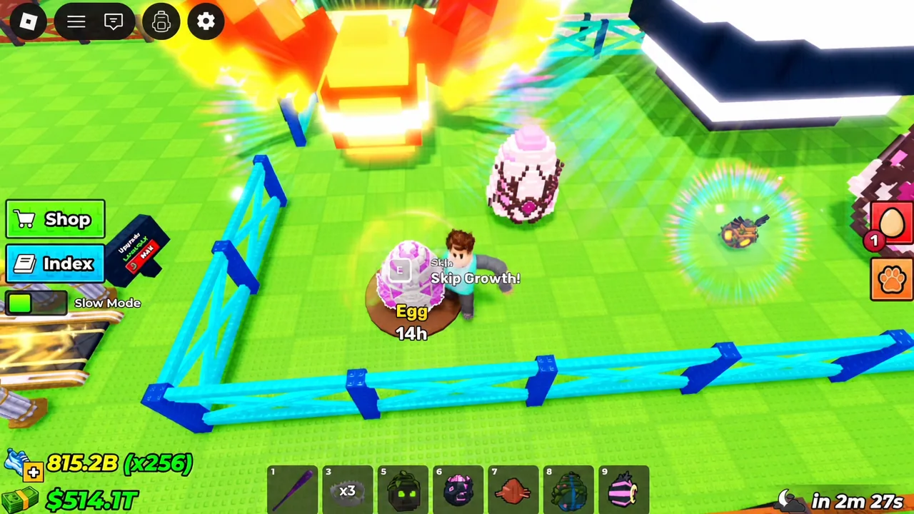 Skip Growth E prompt displayed over an egg showing a 14 hour growth timer