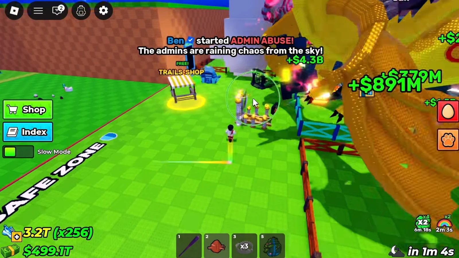 Player heading toward the highlighted Trails Shop stall while ADMIN ABUSE effects fall from the sky