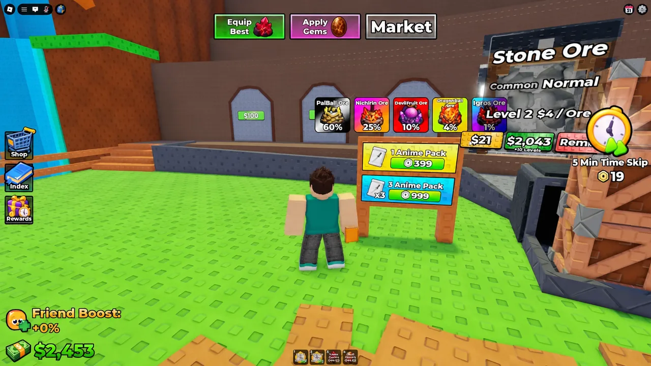Market screen showing a pack purchase priced at 399 Robux in Sell Ores