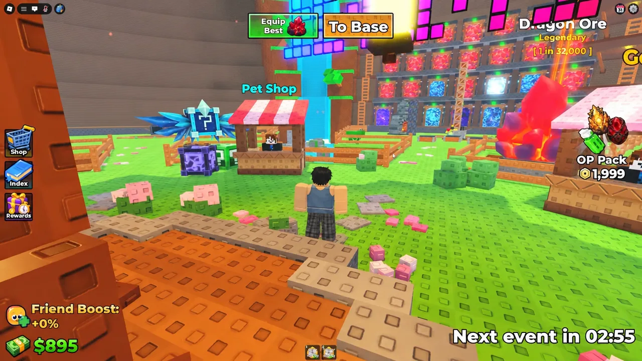 Standing outside the Pet Shop with the Equip Best button and a Dragon Ore on screen