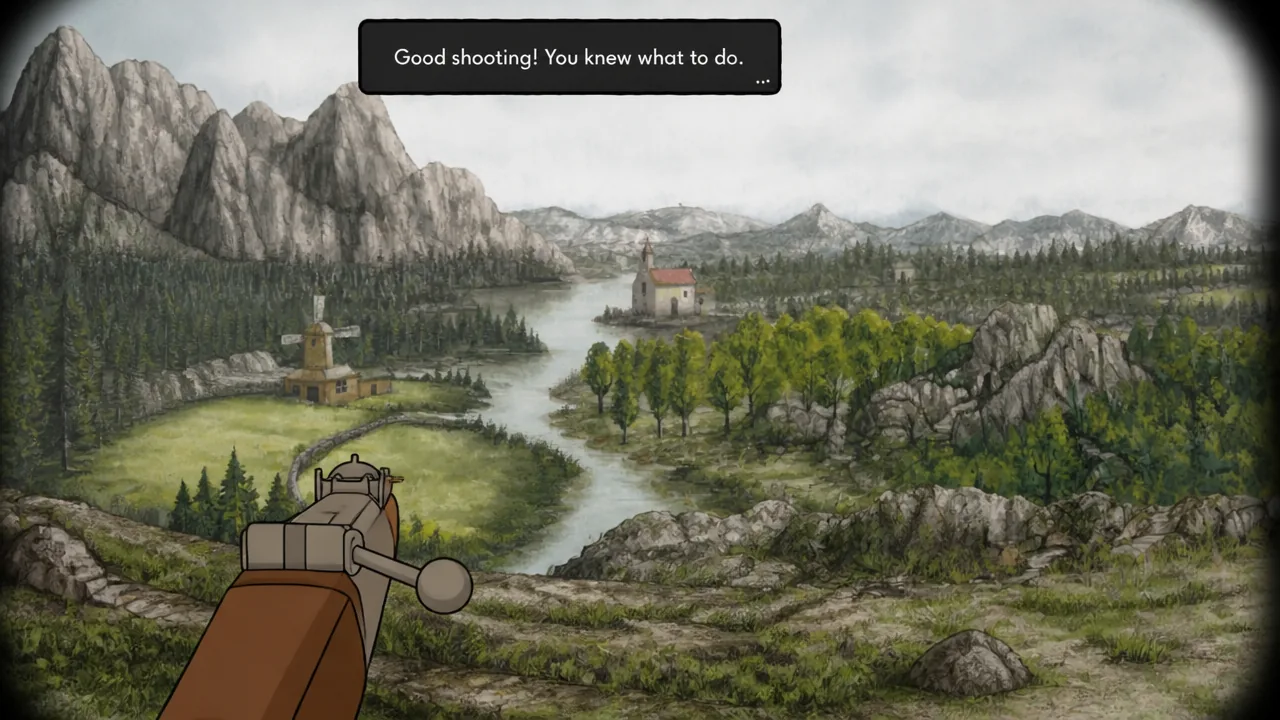 First-person rifle aimed across a mountain valley during the hunt in Servant of the Lake